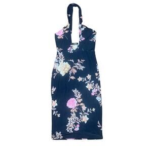Missguided Navy Blue Floral Sleeveless Halter Midi Dress Women's Size US 8